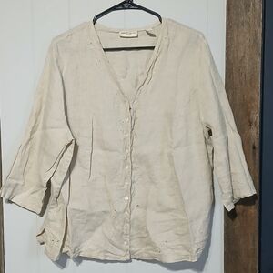 100% Linen Creamy Tan Embroidered Blouse Womens Size 1X